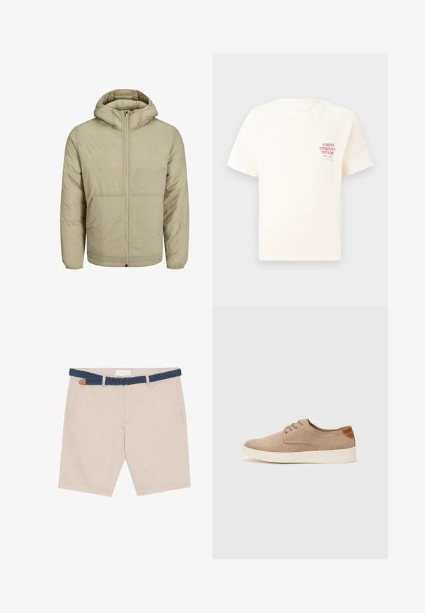 Bež jakna s kapuljačom i patentnim zatvaračem, s diskretnim logotipom na prsima, ima dekanu teksturu te elastične manšete i porub.; Bijela kratka majica s kratkim rukavima s crvenim natpisom "Studio Originals Edition" na lijevoj strani grudi, prikazana na neutralnoj sivoj pozadini.; Bež kratke hlače s tkanim plavim remenom. Imaju prednje džepove, smešnu kožnu akcentu i ležeran dizajn prikladan za tople vremenske uvjete.; Bež nubuk tenisice s okruglim vrhom, vezanjem sprijeda i teksturiranim stražnjim naglaskom. Bijela gumena potpetica pruža kontrast. Jednostavan i moderan dizajn.