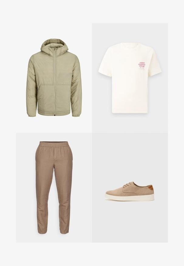 Bež jakna s kapuco in zadrgo spredaj, z diskretnim logotipom na prsih ter quiltano teksturo z elastičnimi manšetinami in robom.; Bela majica s kratkimi rokavi z rdečim napisom "Studio Originals Edition" na levi strani prsnega koša, prikazana na nevtralnem sivo backgroundu.; Rjavi, lahki laneni hlače z elastičnim pasom, obliko zoženih nog in gladko teksturo. Brez vidnih žepov ali okrasnih elementov.; Bež tkanine usnjene superge z zaobljenim nosom, vezalkami na sprednji strani in teksturiranim zadnjim detajlom. Belo gumijasto podplato zagotavlja kontrast. Enostaven in sodoben dizajn.