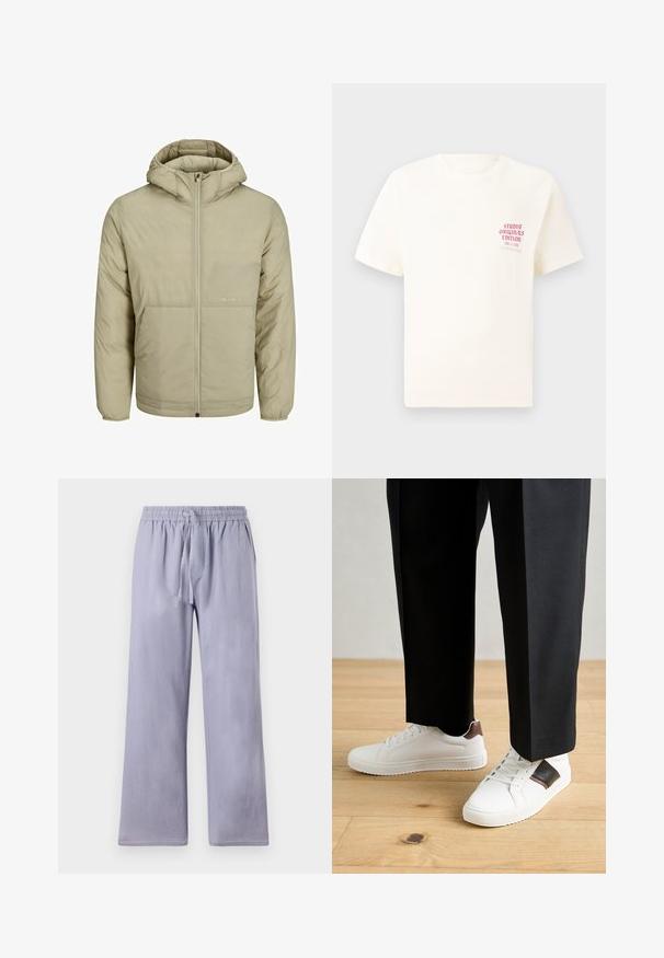 Beige hooded jacket with a zip front, features a subtle logo on the chest, and a quilted texture with elastic cuffs and hem.; White short-sleeve T-shirt with red text "Studio Originals Edition" on left chest, displayed on a neutral gray background.; Light purple, loose-fitting pants with a wide leg, made of soft fabric. Features an elastic waistband and drawstring for adjustable fit.; White sneakers with smooth texture, featuring brown leather accents and black detailing, paired with black tailored pants. Wooden floor background.