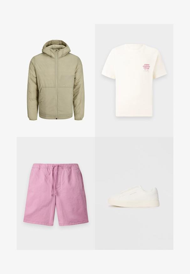 Smėlinis užtrauktuku uždaromas gobtuvas, su subtiliu logotipu ant krūtinės, su šonine tekstūra, elastingais rankogaliais ir apatine juosta.; Balta trumpa rankovėmis marškinėliai su raudonu užrašu "Studio Originals Edition" kairiajame krūtinės šone, rodomi neutralioje pilkoje aplinkoje.; Šviesiai rožiniai šortai, pagaminti iš minkštos medžiagos, su elastingu juosmeniu ir raišteliu, taip pat šoninėmis kišenėmis. tiesios, be raštų.; Baltos slip-on sportbačiai su tekstūruota paviršiumi, storesniu padu ir minimalistišku dizainu. Šone matosi prekės ženklo logotipas.