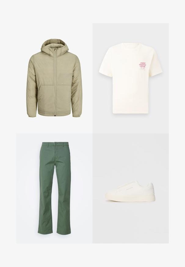 Beige Kapuzenjacke mit Reißverschluss, verfügt über ein dezentes Logo auf der Brust und eine gesteppten Textur mit elastischen Bündchen und Saum.; Weißes T-Shirt mit kurzen Ärmeln und rotem Text "Studio Originals Edition" auf der linken Brust, präsentiert vor einem neutralen grauen Hintergrund.; Grüne Baumwollhosen mit geradem Bein, ausgestattet mit einem vorderen Knopfverschluss und seitlichen Taschen. Glatte Textur und ohne Muster.; Weiße Slip-On-Sneaker mit einer strukturierten Oberfläche, dicker Sohle und minimalistischem Design. Mit Logo der Marke an der Seite.