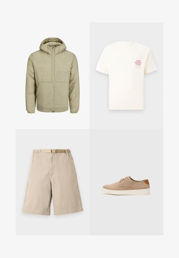 Beige krēma krāsas kapuce jaka ar rāvējslēdzēja priekšu, ar diskrētu logotipu uz krūtīm, ar quilted tekstūru un elastīgām piedurknēm un apakšmalu.; Balts īsām piedurknēm T-krekls ar sarkanu tekstu "Studio Originals Edition" uz kreisā krūšu, pakārtots neitrālā pelēkā fonā.; Beige kokvilnas šorti ar jostu, ar taisnu piegriezi, sānu kabatām un pastiprinātu šuvju apstrādi. Gluda tekstūra visā virsmā.; Beige zamšādas kedas ar noapaļotu purngala daļu, auklēm saplacinātu priekšpusi un teksturētu aizmugures akcentu. Balta gumijas zole nodrošina kontrastu. Vienkāršs un mūsdienīgs dizains.