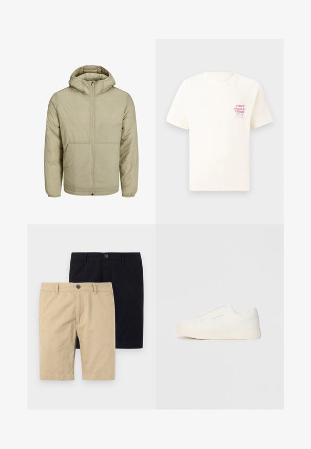 Béžová kapucňová bunda so zipsom na prednej strane, obsahuje nenápadné logo na hrudi a prešívanú textúru s elastickými manžetami a dolným lemom.; Biele tričko s krátkym rukávom s červeným textom "Studio Originals Edition" na ľavej hrudi, zobrazené na neutrálnom šedom pozadí.; Dvoje šortiek, jedny khaki a jedny čierne, vyrobené z bavlny. Obe majú gombík, plochý predný diel a sú navrhnuté do dĺžky kolien.; Biele slip-on tenisky s textúrovaným povrchom, hrubou podrážkou a minimalistickým dizajnom. Obsahuje logo značky na boku.