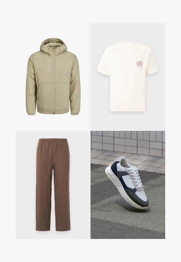 Giacca beige con cappuccio e zip frontale, presenta un logo discreto sul petto e una texture trapuntata con polsini e orlo elasticizzati.; T-shirt bianco a maniche corte con testo rosso "Studio Originals Edition" sul lato sinistro del petto, esposto su uno sfondo grigio neutro.; Pantaloni in lino marrone con vestibilità rilassata, dotati di un elastico in vita morbido e gambe dritte, texture liscia e dettagli minimi.; Sneaker bianca, blu navy e grigia con un design a materiali misti, caratterizzata da una tomaia testurizzata, lacci piatti e una suola imbottita.