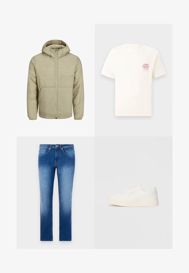 Bež kapuutsiga jakk, millel on lukuga eesmine osa, sisaldab rinnal peent logo ning on polsterdatud tekstuuriga koos elastsete varrukate ja äärtega.; Valge lühikeste varrukatega T-särk, millel on vasakul rinnal punane tekst "Studio Originals Edition", esitatud neutraalsel hallil taustal.; Heledad sinised teksad järkjärgulise fade'iga, sirge lõikega, viie taskuga ja kontrastse oranži õmblusega õmbluste ääres. Klassikaline teksakanga tekstuur.; Valged libisemiskindlad tossud tekstuuriga pinnaga, paksu tallaga ja minimalistikus disainis. Küljel on brändi logo.