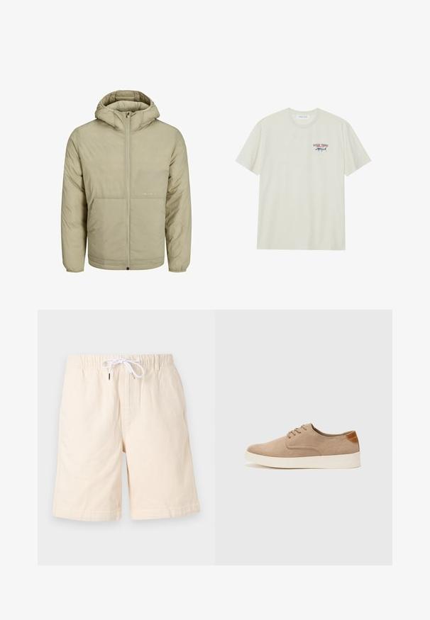 Bež kapuutsiga jakk, millel on lukuga eesmine osa, sisaldab rinnal peent logo ning on polsterdatud tekstuuriga koos elastsete varrukate ja äärtega.; Heledat koonus puuvillane T-särk lühikeste varrukatega. Omab väikest sinise ja punase graafikaga marliini ning tekst "MARLIN TROPHY".; Beige puuvillased lühikesed püksid, lõdva lõikega, elastse vöökohaga ja valge paelaga. Omab küljetaskuid ja siledat tekstuuri.; Beežid nahast tossud ümarate varvastega, paeltega esiosa ja tekstuuriga tagakontuuriga. Valge kummist tallapakkumine loob kontrasti. Lihtne ja kaasaegne disain.