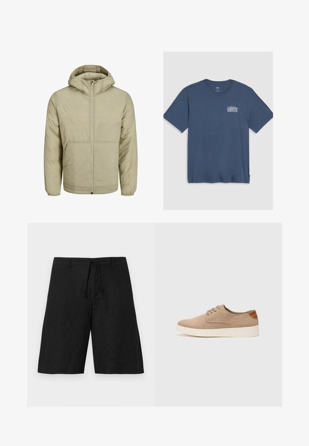 Beige krēma krāsas kapuce jaka ar rāvējslēdzēja priekšu, ar diskrētu logotipu uz krūtīm, ar quilted tekstūru un elastīgām piedurknēm un apakšmalu.; Zila kokvilnas T-kreklu ar apaļu kaklu un īsām piedurknēm. Baltā "Levi's" logo ir izdrukāts kreisajā krūšu daļā. Vienkāršs dizains.; Melni lina šorti ar brīvu piegriezumu, stiepjamu jostu un bez redzamām apdrukām. Audums izskatās viegls ar nedaudz teksturētu apdari.; Beige zamšādas kedas ar noapaļotu purngala daļu, auklēm saplacinātu priekšpusi un teksturētu aizmugures akcentu. Balta gumijas zole nodrošina kontrastu. Vienkāršs un mūsdienīgs dizains.