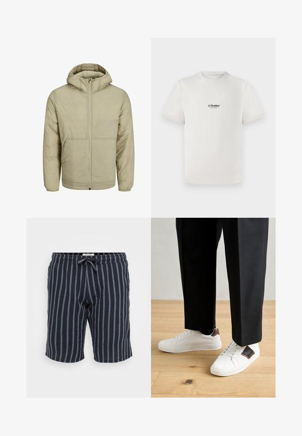 Bež jakna s kapuljačom i patentnim zatvaračem, s diskretnim logotipom na prsima, ima dekanu teksturu te elastične manšete i porub.; Bijela pamučna majica s kratkim rukavima, na kojoj se nalazi crni logo "JJ Studios" na prsima. Ima okrugli izrez i standardni kroj.; Prugaste kratke hlače tamnoplave boje od lagane tkanine, s elastičnom žicom i vertikalnim svijetloplavim prugama.; Bijele tenisice s glatkom teksturom, s smešnim kožnim detaljima i crnim naglascima, u kombinaciji s crnim krojenim hlačama. Pozadina od drvenog poda.