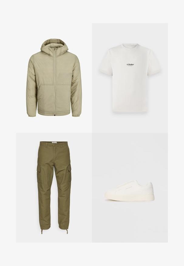 Beige Kapuzenjacke mit Reißverschluss, verfügt über ein dezentes Logo auf der Brust und eine gesteppten Textur mit elastischen Bündchen und Saum.; Weißes Baumwoll-T-Shirt mit kurzen Ärmeln, das ein schwarzes "JJ Studios"-Logo auf der Brust zeigt. Rundhalsausschnitt und Standardpassform.; Oliven grüne Cargo-Hosen aus Baumwolle mit zwei Seitentaschen, Kordelzügen an den Knöcheln und einem Knopfverschluss am Bund.; Weiße Slip-On-Sneaker mit einer strukturierten Oberfläche, dicker Sohle und minimalistischem Design. Mit Logo der Marke an der Seite.