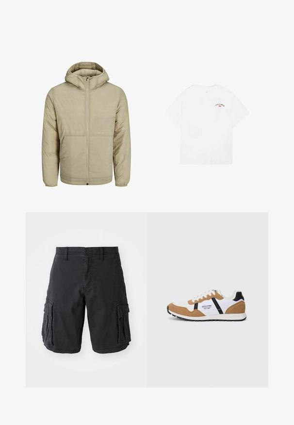 Beige hooded jacket with a zip front, features a subtle logo on the chest, and a quilted texture with elastic cuffs and hem.; White cotton t-shirt with short sleeves, round neckline, and a small graphic reading “LA VILLE LUMIÈRE” in black and red on the upper back.; Black cargo shorts made of cotton, featuring multiple side pockets, a button closure, and a relaxed fit. Smooth texture and sturdy seams.; Retro-style sneaker with white, tan suede, black accents, white laces, and "Jack & Jones EST. 1990" logo on the side.