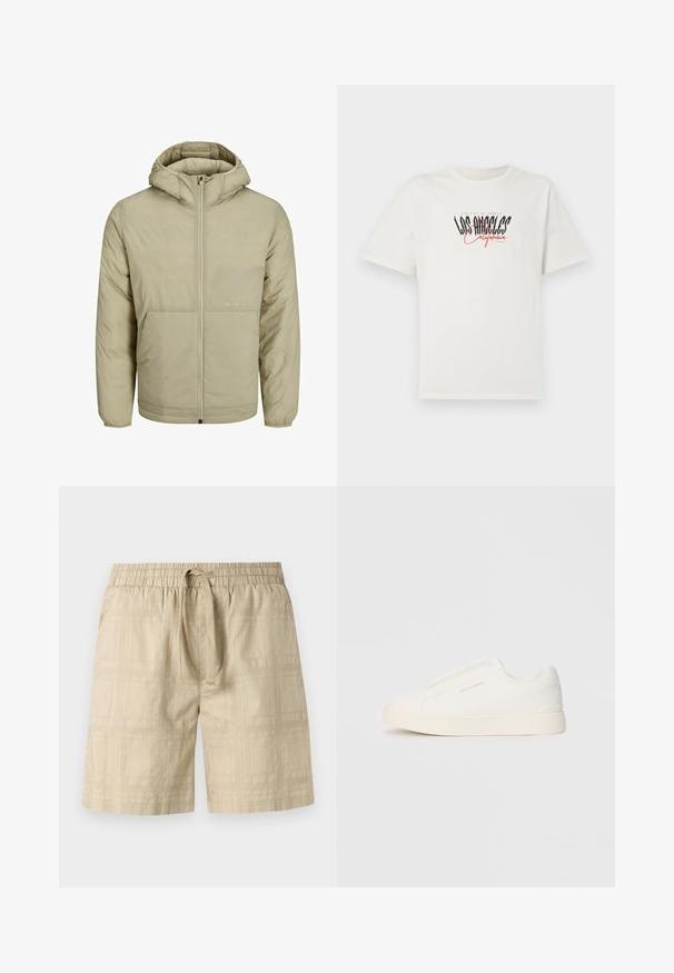 Beige hoodie met een rits aan de voorkant, voorzien van een subtiel logo op de borst, en een gequiltde textuur met elastische manchetten en een elastische zoom.; Witte katoenen t-shirt met korte mouwen en ronde halslijn. Bevat een grafisch ontwerp van "Los Angeles California" in zwart en rood. Eenvoudige, ontspannen pasvorm.; Beige shorts van lichtgewicht materiaal met een elastische tailleband en trekkoord, voorzien van een subtiel ruitpatroon en een rechte snit.; Witte instap sneakers met een gestructureerd oppervlak, een dikke zool en een minimalistisch ontwerp. Bevat het merklogo aan de zijkant.