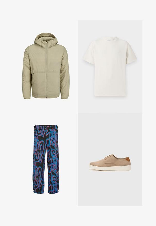 Beige hoodie met een rits aan de voorkant, voorzien van een subtiel logo op de borst, en een gequiltde textuur met elastische manchetten en een elastische zoom.; Witte korte mouwen T-shirt met ribbelstructuur. Ronde hals, ontspannen pasvorm, geen zichtbare patronen of accenten. Eenvoudig en veelzijdig ontwerp.; Zwarte broeken met heldere blauwe en roze abstracte patronen. Heeft elastische boorden en een tailleband met twee verstelbare riemen en knopen.; Beige suède sneakers met een ronde neus, vetersluiting aan de voorkant en een getextureerde achteraccent. De witte rubberen zool zorgt voor contrast. Eenvoudig en modern ontwerp.