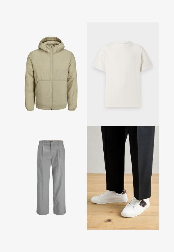Bež kapuutsiga jakk, millel on lukuga eesmine osa, sisaldab rinnal peent logo ning on polsterdatud tekstuuriga koos elastsete varrukate ja äärtega.; Valge lühikeste varrukatega T-särk ribakudumises. Ümar kaelus, mugav lõige, nähtavad mustrid ega aksessuaarid puuduvad. Lihtne ja mitmekesine disain.; Heledad hallid püksid tekstuurse kangaga, ees volditud, sirge säärega ja standardse paelaga kinnitamiseks.; Valged sneakersid siledat tekstuurist, millel on pruunad nahast detailid ja mustad aksessuaarid, millele on sobitatud mustad kohandatud püksid. Puitpõranda taust.