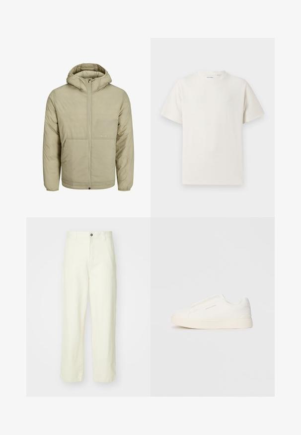 Beige színű kapucnis dzseki, elöl cipzárral, a mellkason egy halvány logóval rendelkezik, és steppelt textúrával, rugalmas mandzsettákkal és aljjal.; Fehér, rövid ujjú póló bordázott textúrával. Kerek nyakkivágás, laza szabás, nincs látható minta vagy díszítés. Egyszerű és sokoldalú dizájn.; Világos sárga pamut nadrág, egyenes szabású, elől gombos záródással, övhurkokkal és letisztult, minimalista dizájnnal.; Fehér slip-on sportcipők texturált felülettel, vastag talppal és minimalista dizájnnal. Az oldalon a márka logója található.