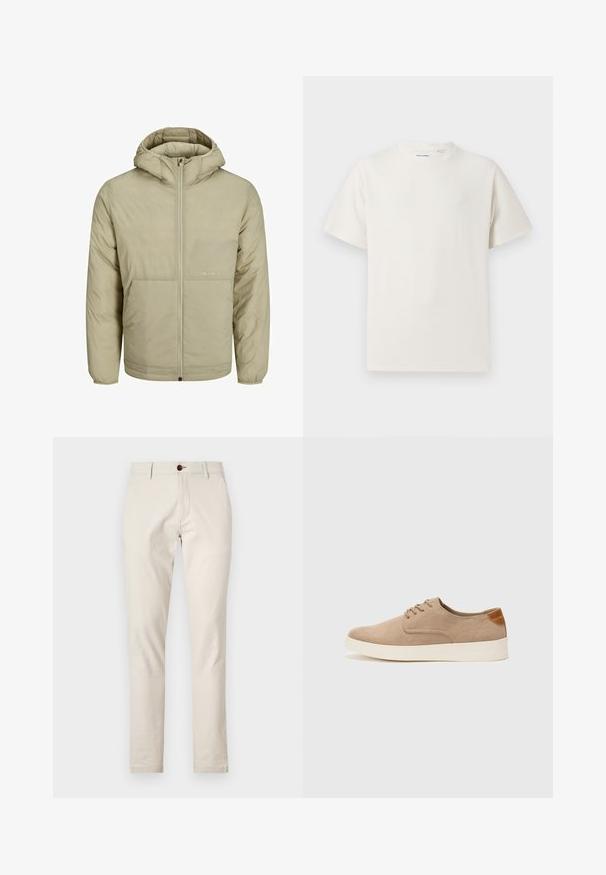 Beige hooded jacket with a zip front, features a subtle logo on the chest, and a quilted texture with elastic cuffs and hem.; White short-sleeve T-shirt in a ribbed texture. Round neckline, relaxed fit, no visible patterns or accents. Simple and versatile design.; Beige cotton trousers with a slim fit, front pockets, and a single brown button closure at the waist. Smooth texture.; Beige suede sneakers with a rounded toe, lace-up front, and a textured back accent. White rubber sole provides contrast. Simple and modern design.
