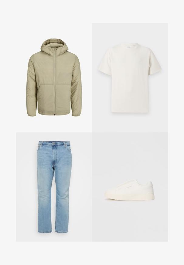 Smėlinis užtrauktuku uždaromas gobtuvas, su subtiliu logotipu ant krūtinės, su šonine tekstūra, elastingais rankogaliais ir apatine juosta.; Balta trumpa rankovė T-polo marškinėlių su juostelėmis tekstūra. Apvalus iškirpimas, laisvas fasonas, jokių matomų raštų ar akcentų. Paprastas ir universalus dizainas.; Šviesiai mėlyni džinsai su tiesia siluetu, turintys vidutinio aukščio liemenį, penkių kišenių dizainą ir kontrastingus siūlus.; Baltos slip-on sportbačiai su tekstūruota paviršiumi, storesniu padu ir minimalistišku dizainu. Šone matosi prekės ženklo logotipas.