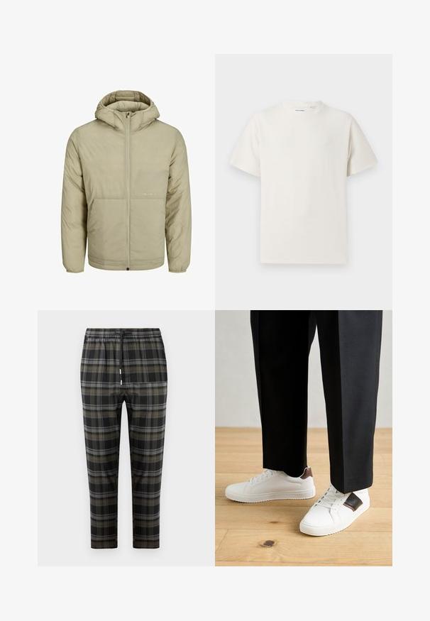 Jachetă bej cu glugă și fermoar frontal, cu un logo subtil pe piept și o textură matlasată, având manșete și tiv elastic.; Tricou alb cu maneci scurte, dintr-un material ribbed. Guler rotund, croi lejer, fără modele sau accente vizibile. Design simplu și versatil.; Pantaloni cu carouri negre, cu modele gri și verde măslinie. Au o talie elastică cu șnur și picioare conice. Textură de țesătură moale.; Sneakers albe cu textură netedă, având accente din piele maro și detalii negre, asociate cu pantaloni negri pe măsură. Fundal din podea din lemn.