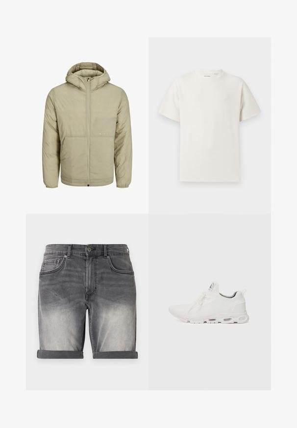 Veste à capuche beige avec fermeture éclair à l'avant, dotée d'un logo discret sur la poitrine, et d'une texture matelassée avec des poignets et un ourlet élastiques.; T-shirt blanc à manches courtes en texture côtelée. Encolure ronde, coupe décontractée, sans motifs ni accents visibles. Design simple et polyvalent.; Shorts en denim noir délavé avec un ourlet retroussé, comportant cinq poches et un léger effet délavé à l'avant. Fermeture classique à boutons.; Baskets blanches de sport avec un dessus en maille texturée, des lacets plats et une semelle rembourrée avec des chambres à air visibles pour un soutien supplémentaire.