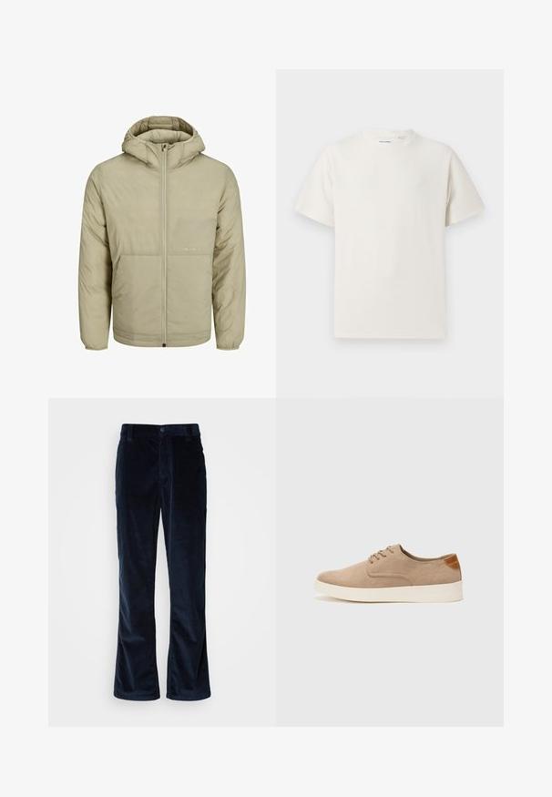 Beige hoodie met een rits aan de voorkant, voorzien van een subtiel logo op de borst, en een gequiltde textuur met elastische manchetten en een elastische zoom.; Witte korte mouwen T-shirt met ribbelstructuur. Ronde hals, ontspannen pasvorm, geen zichtbare patronen of accenten. Eenvoudig en veelzijdig ontwerp.; Marineblauwe ribfluweel broek met een rechte pijpdesign, voorzien van verticale ribbels, knoopsluiting en voorkruimelzakken.; Beige suède sneakers met een ronde neus, vetersluiting aan de voorkant en een getextureerde achteraccent. De witte rubberen zool zorgt voor contrast. Eenvoudig en modern ontwerp.