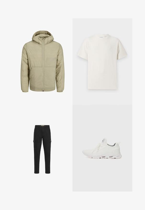 Bež jakna s kapuljačom i patentnim zatvaračem, s diskretnim logotipom na prsima, ima dekanu teksturu te elastične manšete i porub.; Bijela kratka majica s kratkim rukavima u rebrastoj teksturi. Okrugli izrez, ležeran kroj, bez vidljivih uzoraka ili akcenta. Jednostavan i svestran dizajn.; Crne cargo hlače sa slim-fit dizajnom, s dva bočna džepa i jednim stražnjim džepom, izrađene od izdržljivog pamučnog materijala.; Bijele atletske tenisice s gornjim dijelom od teksturiranog pletenog materijala, ravnim vezicama i jastučićem u potplatu s vidljivim zračnim komorama radi dodatne potpore.