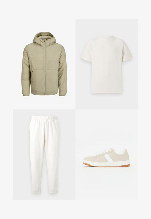 Bež jakna s kapuljačom i patentnim zatvaračem, s diskretnim logotipom na prsima, ima dekanu teksturu te elastične manšete i porub.; Bijela kratka majica s kratkim rukavima u rebrastoj teksturi. Okrugli izrez, ležeran kroj, bez vidljivih uzoraka ili akcenta. Jednostavan i svestran dizajn.; Svijetlosmeđi dukserici s elastičnim pojasom i suženim nogavicama, izrađeni od mekog materijala. Imaju glatku teksturu bez vidljivih uzoraka ili detalja.; Bige tenisice s bijelim detaljima, antilop tekstura, okrugli oblik, vezanje na vezice i kontrastna gumena potplata.