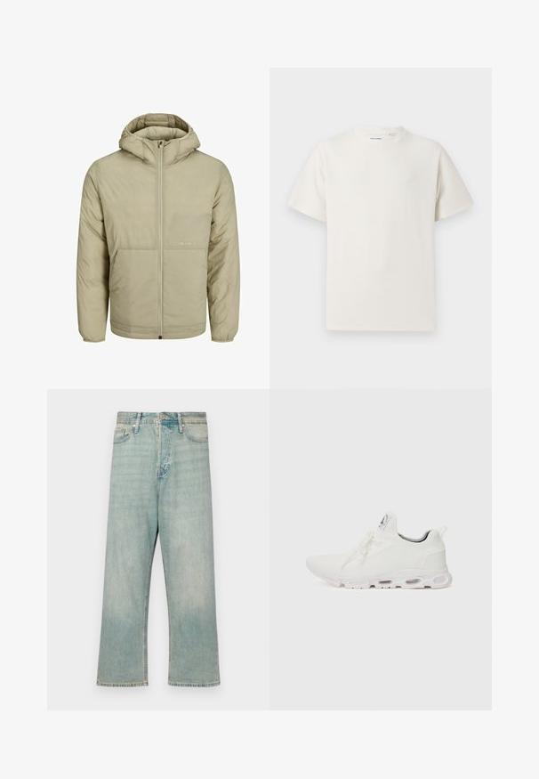 Béžová kapucňová bunda so zipsom na prednej strane, obsahuje nenápadné logo na hrudi a prešívanú textúru s elastickými manžetami a dolným lemom.; Biela krátka tričko s krátkym rukávom so žebrovanou textúrou. Okrúhly výstrih, uvoľnený strih, žiadne viditeľné vzory ani akcenty. Jednoduchý a všestranný dizajn.; Svetlomodré denimové džínsy s voľným strihom, rovnými nohavicami a opotrebovaným vzhľadom; obsahujú klasické zapínanie na gombík a zips.; Biele športové topánky so štruktúrovaným pleteným zvrškom, plochými šnúrkami a odpruženou podrážkou s viditeľnými vzduchovými komorami pre dodatočnú podporu.