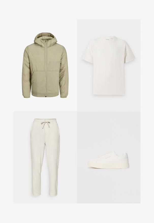 Beige bunda s kapucí a zipem vpředu, má jemné logo na hrudi a prošívanou texturu s elastickými manžetami a lemem.; Bílý krátký rukáv tričko s pružnou strukturou. Kulatý výstřih, volný střih, bez viditelných vzorů nebo detailů. Jednoduchý a univerzální design.; Světle béžové, texturované bavlněné kalhoty s elastickým pasem a šňůrkou. Obsahují boční kapsy a zúžené nohavice.; Bílé slip-on tenisky s texturovaným povrchem, silnou podešví a minimalistickým designem. Na boku je umístěno logo značky.