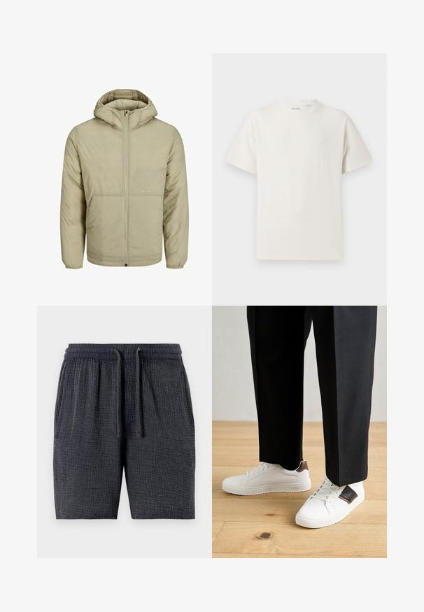 Veste à capuche beige avec fermeture éclair à l'avant, dotée d'un logo discret sur la poitrine, et d'une texture matelassée avec des poignets et un ourlet élastiques.; T-shirt blanc à manches courtes en texture côtelée. Encolure ronde, coupe décontractée, sans motifs ni accents visibles. Design simple et polyvalent.; Shorts gris foncé en tissu texturé, dotés d'une taille élastique avec cordon de serrage et de poches latérales.; Des sneakers blanches au texture lisse, avec des accents en cuir marron et des détails noirs, assorties à un pantalon noir ajusté. Fond en parquet.