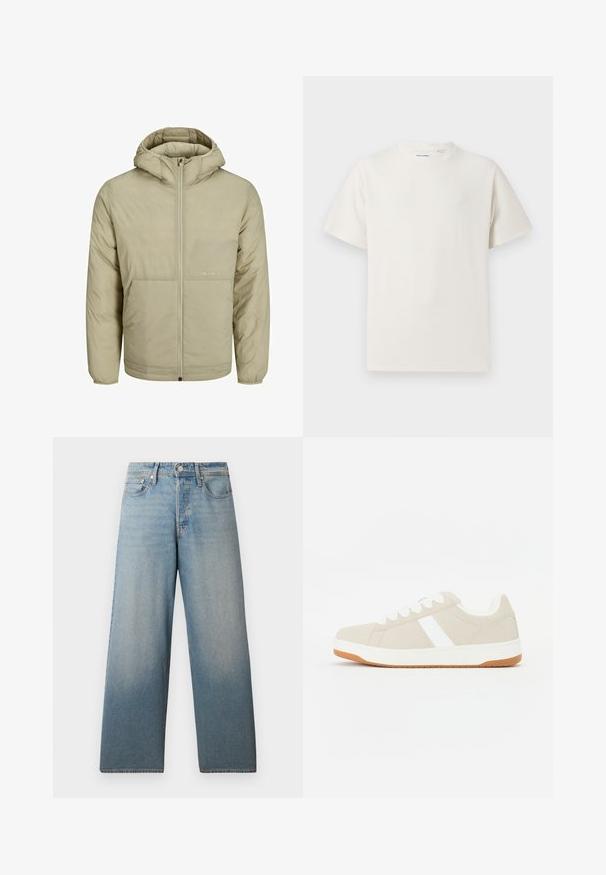 Bež jakna s kapuljačom i patentnim zatvaračem, s diskretnim logotipom na prsima, ima dekanu teksturu te elastične manšete i porub.; Bijela kratka majica s kratkim rukavima u rebrastoj teksturi. Okrugli izrez, ležeran kroj, bez vidljivih uzoraka ili akcenta. Jednostavan i svestran dizajn.; Svijetloplave široke traperice, izrađene od denima. Imaju visok struk, klasičan dizajn s pet džepova i blago izblijedjeli efekt za izgled 'nošenosti'.; Bige tenisice s bijelim detaljima, antilop tekstura, okrugli oblik, vezanje na vezice i kontrastna gumena potplata.