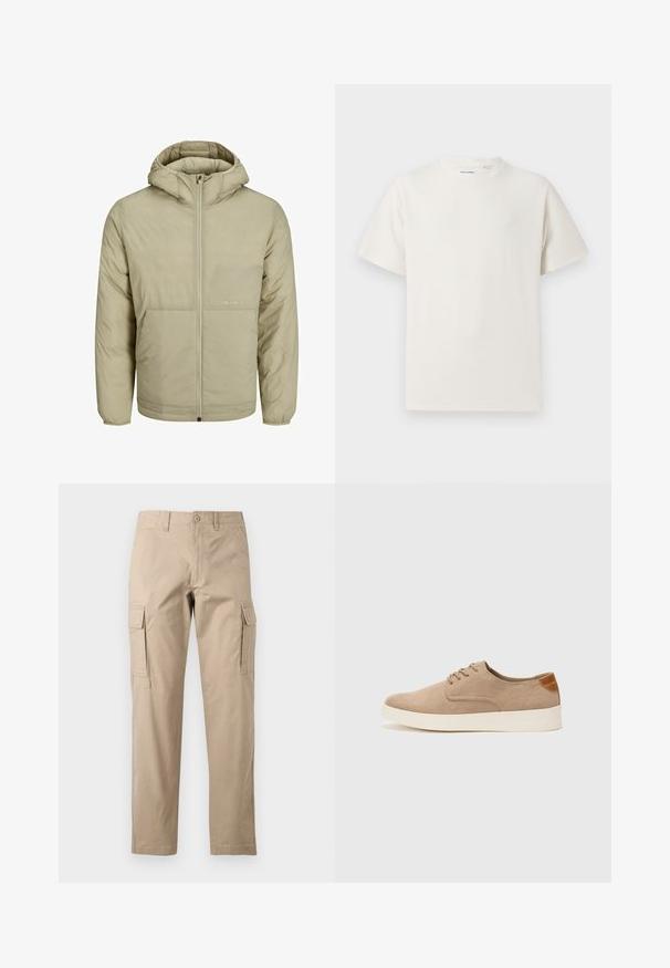 Beige hoodie met een rits aan de voorkant, voorzien van een subtiel logo op de borst, en een gequiltde textuur met elastische manchetten en een elastische zoom.; Witte korte mouwen T-shirt met ribbelstructuur. Ronde hals, ontspannen pasvorm, geen zichtbare patronen of accenten. Eenvoudig en veelzijdig ontwerp.; Beige cargobroek gemaakt van katoen, met zijzakken, een recht model en een knoopsluiting bij de taille. Zachte textuur, casual stijl.; Beige suède sneakers met een ronde neus, vetersluiting aan de voorkant en een getextureerde achteraccent. De witte rubberen zool zorgt voor contrast. Eenvoudig en modern ontwerp.