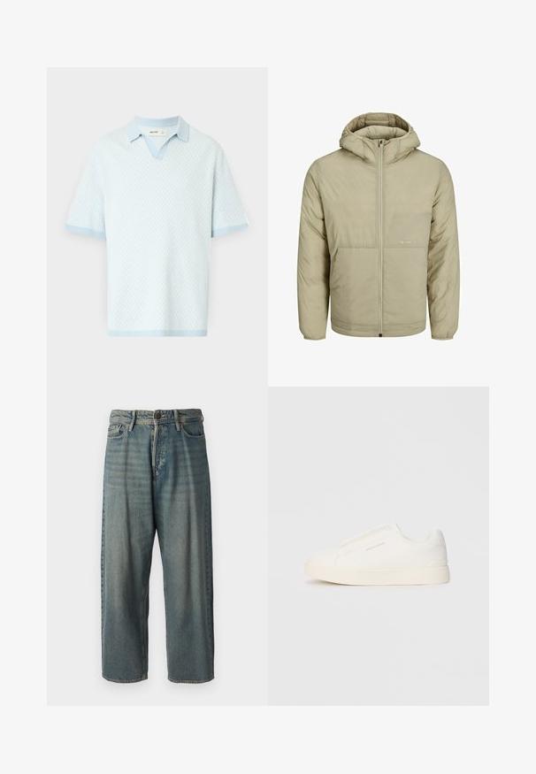 Bež jakna s kapuco in zadrgo spredaj, z diskretnim logotipom na prsih ter quiltano teksturo z elastičnimi manšetinami in robom.; Svetlo modra kratka majica polo z teksturiranim vzorcem, z V-izrezom in kontrastnim svetlo modrim ovratnikom ter manšetami.; Svetlomoderne kavbojke z ohlapnim krojem, srednjim pasom in ravnimi nogami. Imajo pet žepov, zanke za pas in zapiranje na gumb.; Bele zapete brez vezalk z teksturirano površino, debelim podplatom in minimalističnim dizajnom. Na strani se nahaja logotip blagovne znamke.