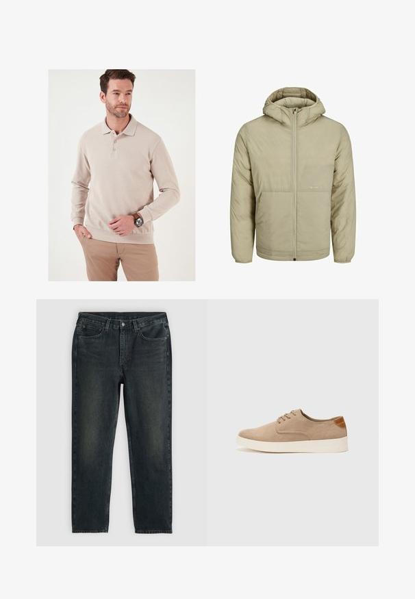 Bež kapuutsiga jakk, millel on lukuga eesmine osa, sisaldab rinnal peent logo ning on polsterdatud tekstuuriga koos elastsete varrukate ja äärtega.; Bež pikka varrukatega särk ribatekstuuriga, kolme nupukesega kaelus ja kitsas hem. Kombineeritud heledate pükstega ja kellaga.; Tumed sinised denim teksad sirgete sääremõõtudega, viie tasku, lukuga ja kontrastsetes õmblustes. Kanga peal on õrn kulumine.; Beežid nahast tossud ümarate varvastega, paeltega esiosa ja tekstuuriga tagakontuuriga. Valge kummist tallapakkumine loob kontrasti. Lihtne ja kaasaegne disain.