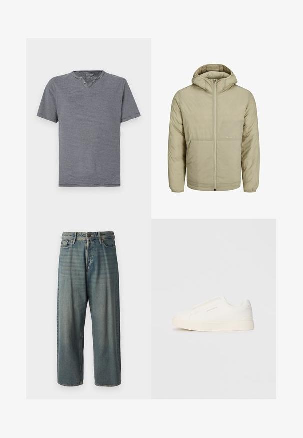 Beige hættejakke med lynlås foran, har et diskret logo på brystet samt en quiltet tekstur med elastiske cuffs og forneden.; Kortærmet t-shirt i marineblå og hvid stribe med rund halsudskæring og to knapper, fremstillet af blødt bomuldsstof.; Lyseblå denim jeans med løs pasform, mellemhøj talje og lige ben. Har fem lommer, bæltestropper og en knappelukning.; Hvide slip-on sneakers med en struktureret overflade, en tyk sål og et minimalistisk design. Har brandlogoet på siden.