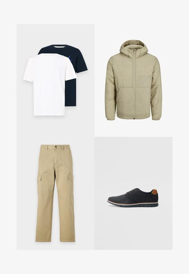 Smėlinis užtrauktuku uždaromas gobtuvas, su subtiliu logotipu ant krūtinės, su šonine tekstūra, elastingais rankogaliais ir apatine juosta.; Du šilkai suapvalintu kaklu: vienas baltas su šviesiu tekstu, kitas tamsiai mėlynas su grafiniu piešiniu. Abu trumpomis rankovėmis ir pagaminti iš minkštos medžiagos.; Kreminės spalvos cargos kelnės, pagamintos iš medvilnės, su dviem šoninėmis kišenėmis, mygtukų užsegimu ir tiesiomis kojomis, šiek tiek tekstūruotu audiniu.; Juodi sintetiniai batai su tekstūruotu paviršiumi, lygiomis detalėmis, ruda kulna ir kontrastingu padu. Yra minimalus raištelių užsidėjimas ir siuvimo detalės.