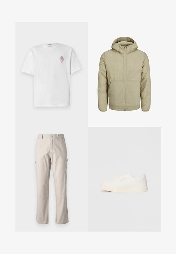 Chaqueta con capucha color beige, con cierre frontal, presenta un logo sutil en el pecho y una textura acolchada con puños y dobladillo elásticos.; Camiseta de algodón blanca de manga corta, con un diseño de diamante bordado en rojo en el área del pecho izquierdo. Cuello redondo clásico.; Pantalones de cargo beige hechos de algodón resistente con piernas rectas, cierre frontal con botón y bolsillos laterales para mayor utilidad. Textura suave con costuras sutiles.; Zapatillas blancas tipo slip-on con una superficie texturizada, suela gruesa y diseño minimalista. Presenta el logo de la marca en un lado.