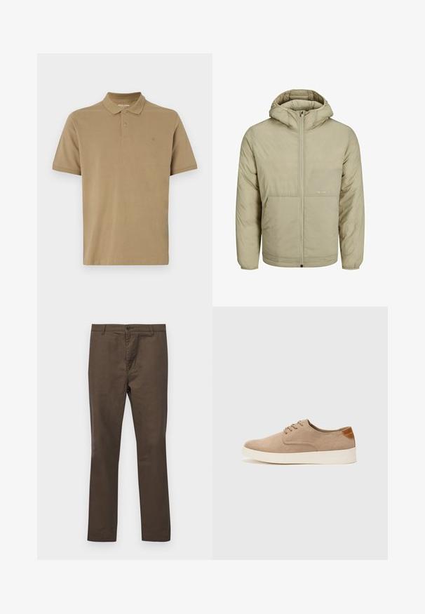 Bež jakna s kapuljačom i patentnim zatvaračem, s diskretnim logotipom na prsima, ima dekanu teksturu te elastične manšete i porub.; Kaki polo majica od pamuka, s ovratnikom, plakiranim s dva gumba, kratkim rukavima i malim logotipom na prsima. Glatka tekstura.; Marron pamuk hlače s ravnim nogavicama, s kopčanjem na gumb i petljama za remen, glatke teksture bez uzoraka ili naglasaka.; Bež nubuk tenisice s okruglim vrhom, vezanjem sprijeda i teksturiranim stražnjim naglaskom. Bijela gumena potpetica pruža kontrast. Jednostavan i moderan dizajn.