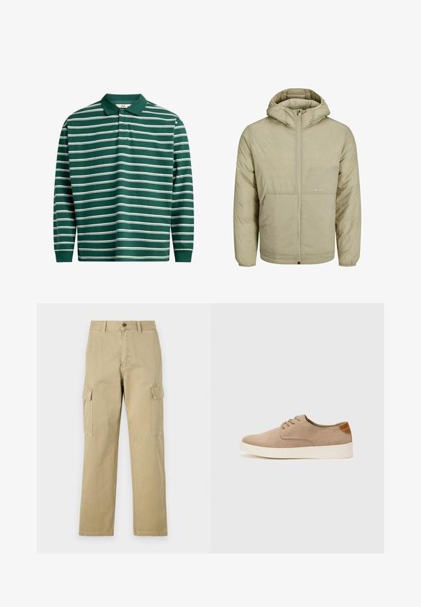 Jachetă bej cu glugă și fermoar frontal, cu un logo subtil pe piept și o textură matlasată, având manșete și tiv elastic.; Polo cu mâne lungi, de culoare verde închis, cu dungi orizontale albe. Are guler clasic, placket cu trei nasturi și manșete ribbate.; Pantaloni cargo bej din bumbac, cu două buzunare laterale, închidere cu nasture și picioare drepte dintr-un material ușor texturat.; Tenisi din suede bej cu vârf rotund, sistem de șireturi în față și un accent texturat în spate. Talpa albă din cauciuc oferă un contrast. Design simplu și modern.