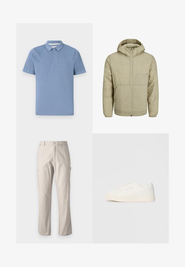 Bež jakna s kapuco in zadrgo spredaj, z diskretnim logotipom na prsih ter quiltano teksturo z elastičnimi manšetinami in robom.; Svetlo modra polo majica z teksturirano tkanino, kratkimi rokavi, tri gumbi in klasičnim ovratnikom. Preprost in čist dizajn.; Bež hlače iz trpežne bombažne tkanine s ravnimi nogavicami, sprednjim gumbom za zapiranje in stranskimi žepi za praktičnost. Gladka tekstura z diskretnimi šivi.; Bele zapete brez vezalk z teksturirano površino, debelim podplatom in minimalističnim dizajnom. Na strani se nahaja logotip blagovne znamke.