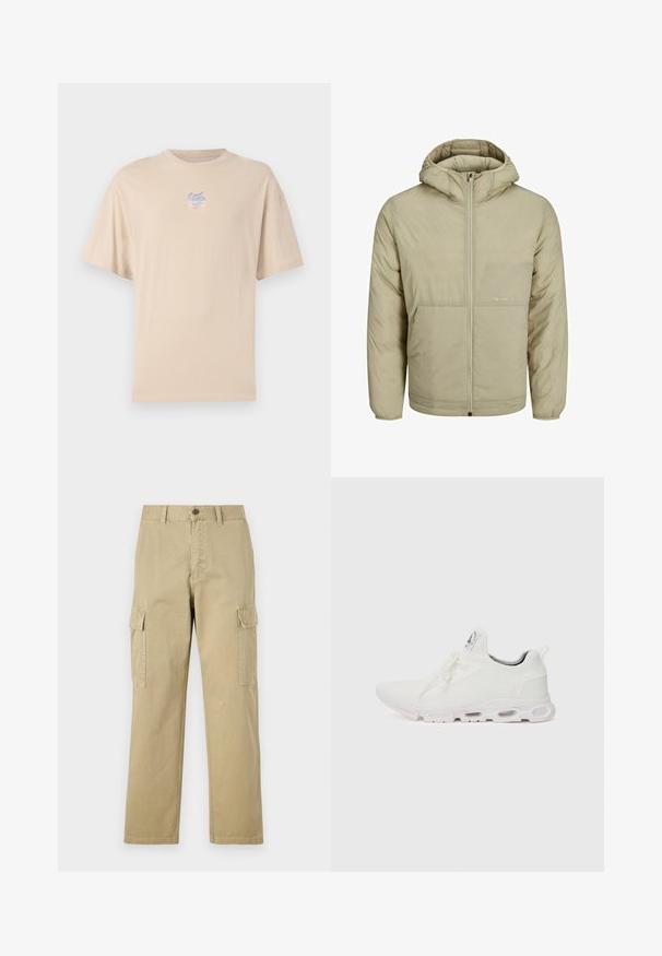 Bež kapuutsiga jakk, millel on lukuga eesmine osa, sisaldab rinnal peent logo ning on polsterdatud tekstuuriga koos elastsete varrukate ja äärtega.; Bež puuvillane T-särk lühikeste varrukatega, ümmargune kaelus ja väike mitmevärviline logo rinnal. Sile tekstuur ja mugav lõige.; Beige cargos, mis on valmistatud puuvillast, sisaldavad kahte küljetaskut, nööbiga sulgemist ja sirgeid jalgu, millel on kergelt tekstureeritud kangas.; Valged sportijalatsid, millel on tekstuuriga kudum peal, lame paelad ja pehmendatud tallad nähtavate õhukambritega täiendava toe jaoks.