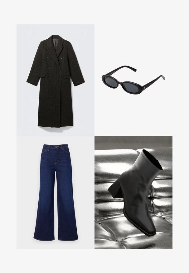 Ciemny płaszcz wełniany w jodełkę z dwurzędowym zapięciem, dużymi klapami i dwoma przednimi kieszeniami. Długi, prosty krój.; Czarny długi rękaw golf wykonany z gładkiego materiału; dopasowany krój z wysokim kołnierzem i bez widocznych szwów. Prosty, jednolity kolor.; Ciemnoniebieskie dżinsy typu wide-leg wykonane z denimu, z wysokim stanem, pięcioma kieszeniami oraz kontrastowym pomarańczowym przeszyciem wzdłuż szwów.; Czarne botki za kostkę wykonane z błyszczącego materiału, z kwadratowym noskiem i zwężającym się obcasem, na tle błyszczącego srebrnego tapicerowanego tła.; Czarne, oversize okulary przeciwsłoneczne z owalnymi soczewkami, gładkim plastikowym mostkiem i złotymi akcentami na zausznikach. Ciemne soczewki zapewniają ochronę przed słońcem.