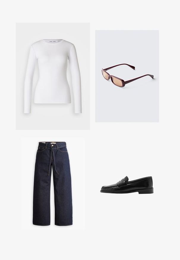 Dunkler Wollmantel mit Fischgrätmuster, doppelreihigem Design, großen Revers und zwei Fronttaschen. Langer, gerader Schnitt.; Weißes Langarmhemd aus geripptem Stoff mit Rundhalsausschnitt und taillierter Form. Keine Muster oder Akzente sind vorhanden.; Weite, dunkelblaue Jeans aus Denim mit hoher Taille, ausgestattet mit einem Kordelzug, fünf Taschen und kontrastierenden Nähdetails.; Schwarzer Lederloafer mit geschwungener Silhouette, dekorativem Riemen, strukturiertem Stich und flacher Gummisohle. Glatte Oberfläche und elegantes Design.; Burgunderfarbene Sonnenbrille mit rechteckigem Rahmen, verlaufenden Gläsern und eleganten Bügeln. Das Material hat eine glatte, glänzende Oberfläche.