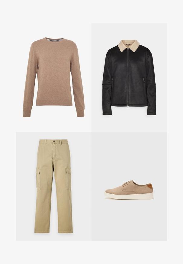 Only & Sons ONSROYCE JACKET - Jakna od umjetne kože - black; Smeđi pulover od pletenog materijala, s okruglim izrezom i dugim rukavima. Riblje manžete i donji rub, jednobojan s mekanom teksturom.; Bež cargo hlače izrađene od pamuka, s dva bočna džepa, zatvaranjem na gumb i ravnim nogavicama od blago teksturirane tkanine.; Bež nubuk tenisice s okruglim vrhom, vezanjem sprijeda i teksturiranim stražnjim naglaskom. Bijela gumena potpetica pruža kontrast. Jednostavan i moderan dizajn.