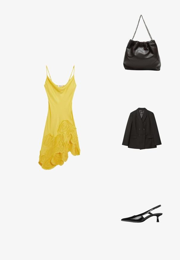 Schwarzer doppelt geknöpfter Blazer mit Revers, zwei vorderen Klappentaschen und knöpfbaren Manschetten, auf weißem Hintergrund flach ausgelegt.; Gelbes ärmelloses Kleid mit fließendem Design, das an dem Saum mit strukturierten Blumenapplikationen versehen ist, gefertigt aus glattem Stoff.; Schwarze Lackleder-Slingback-High Heels mit spitzer Zehenform, ausgeschnittenem Seitendesign und kleinem Blockabsatz. Glatte Textur mit minimalen Akzenten.; Braune Lederhandtasche mit gerafftem Oberteil und Kettenriemen. Glatte Textur mit glänzendem Finish und subtilen Nahtdetails an den Seiten.