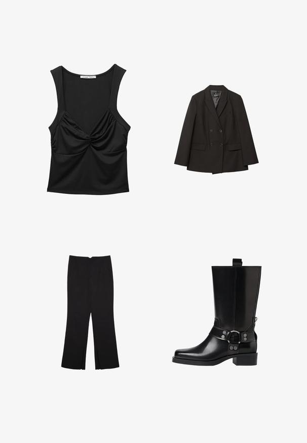 Blazer nero doppiopetto con revers a bandiera, due tasche anteriori a patta e polsini con bottone, poggiato su uno sfondo bianco.; Top senza maniche nero realizzato in tessuto morbido, con dettaglio a nodo torsionante sul davanti e un fit rilassato. Collo arrotondato e spalline larghe.; Pantaloni neri a gamba dritta, con tasche frontali e spacchi laterali all'orlo. Realizzati in tessuto morbido e liscio. Adatti a diverse occasioni.; Stivale in pelle nera alto fino al ginocchio con punta affusolata, dettagli in argento e tacco largo. Presenta un inserto per facilitare l'indossamento.