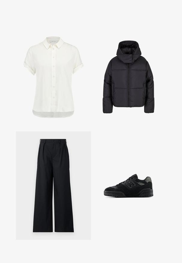 Black puffer jacket with a high collar and zip closure. Features a quilted design, elasticized cuffs, and two front pockets.; White short-sleeve blouse made of lightweight fabric, featuring a button-up front, collar, and rolled cuffs with a slightly curved hem.; Black wide-leg trousers made from a smooth fabric, featuring a button closure and pleats for added structure. Simple, minimalist design.; Black low-top sneaker with textured sole, lace-up design, suede panels, and patterned accents on heel and side logo.