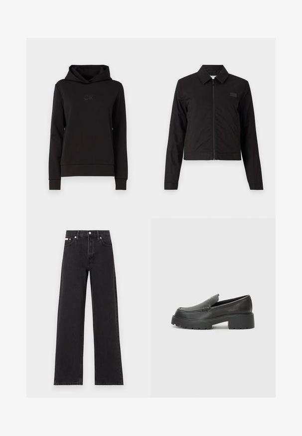 Giacca nera corta con zip frontale, colletto a punta e maniche lunghe. Tessuto liscio con pochi dettagli, caratterizzata da una piccola etichetta con logo sul petto.; Felpa nera con cappuccio realizzata in tessuto liscio, dotata di cappuccio regolabile, polsini a coste e logo CK tono su tono sul petto.; Jeans neri a gamba larga in denim, con vita alta, styling a cinque tasche e chiusura con bottone metallico e cuciture a contrasto.; Mocassini in pelle nera con punta arrotondata, suola spessa e testurizzata, e minime cuciture. Design elegante senza lacci o parti metalliche visibili.
