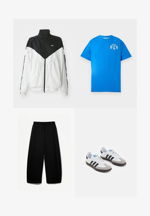 Biela a čierna zipsová bunda s vysokým golierom, s dizajnom v tvare chevronu, elastickými manžetami a bočnými pruhmi. Ľahký materiál, športový štýl.; Modrá bavlnená tričko s krátkymi rukávmi. Obsahuje biely grafický dizajn na prednej strane, zobrazuje postavu s slúchadlami a oblúkom.; Čierne široké nohavice s elastickým pásom a šnúrkou na sťahovanie. Mäkko tkanina s hladkou textúrou. Priamy strih so bočnými švami.; Športové topánky s bielym koženým zvrškom, šedou semišovou špičkou a tromi čiernymi pruhmi. Obsahujú modré logo na jazyku a štruktúrovanú gumovú podrážku.