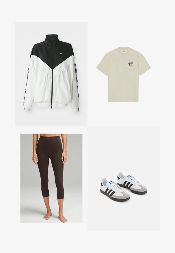 White and black zip-up jacket with a high collar, featuring a chevron design, elastic cuffs, and side stripes. Lightweight fabric, sporty style.; Short-sleeve beige t-shirt made of cotton, featuring a black graphic print on the left chest area with text and a globe design.; lululemon ALIGN™ HIGH-RISE 53 CM - Leggings - espresso; Sport shoes with a white leather upper, gray suede toe, and three black stripes. Features a blue logo on the tongue and a textured rubber sole.