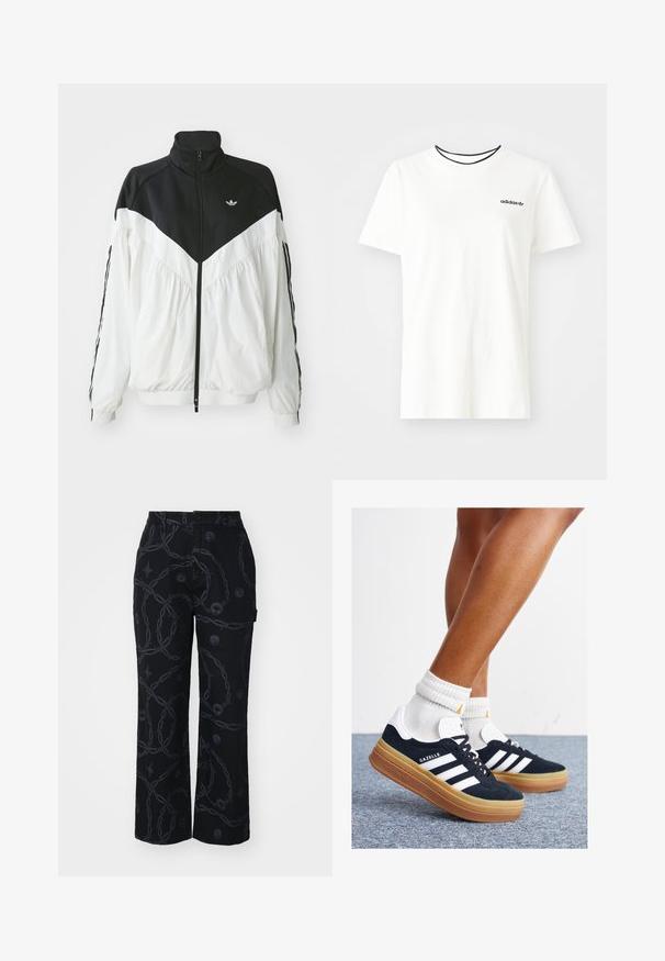 Bela in črna jakna na zadrgo z visokim ovratnikom, ki ima chevron vzorec, elastične manšete in stranske črte. Lahkoten material, športen stil.; Bela bomba majica iz bombaža s kratkimi rokavi in okroglim izrezom. Ima črni Adidas logotip na prsih ter kontrastni črni notranji ovratnik.; Črne široke hlače iz blaga s temnim vzorcem verige in okroglimi simboli. Zapenjanje na gumb in stranski žep.; Črni antilop superge z belimi črtami in poudarki, okrogel prst, gumijasti podplat, kombinirane z belimi rebrastimi nogavicami.
