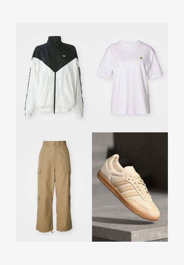 Biała i czarna kurtka zapinana na zamek z wysokim kołnierzem, z nadrukiem w kształcie zygzaka, elastycznymi mankietami i bocznymi paskami. Lekki materiał, sportowy styl.; Biała bawełniana koszulka z luźnym krojem, krótkimi rękawami i małym haftowanym logo po lewej stronie klatki piersiowej.; Beżowe spodnie cargo z wysokim stanem, szerokimi nogawkami i czterema dużymi bocznymi kieszeniami. Wykonane z trwałego materiału o gładkiej fakturze i minimalnych detalach.; Jasno beżowe zamszowe sneakersy z gumową podeszwą, trzema skośnymi paskami i teksturowanym noskiem. Zawierają logo na języku i boku.